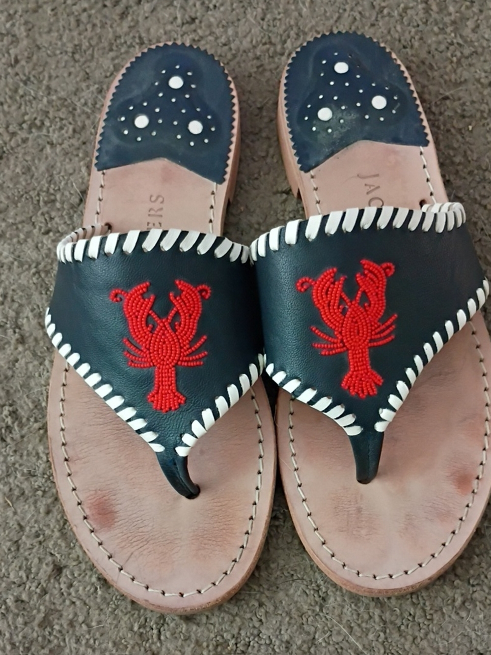 Jack Rogers Leather Beaded Lobster Thong Sandals - Black with Red Accent